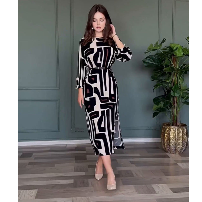 Women's Spring Summer High Sense Geometric Abstract Pattern Printing Elegant Graceful Women Dress