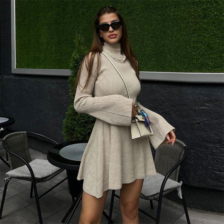 High-Neck Long-Sleeve Knit A-Line Mini Dress