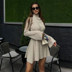 High-Neck Long-Sleeve Knit A-Line Mini Dress