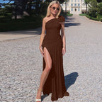 One-Shoulder Ruched Split Bodycon Maxi Dress