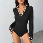 Spring Slim Fit Long Sleeve Stitching Leopard Print Collared Knitted Jumpsuit Women Clothing