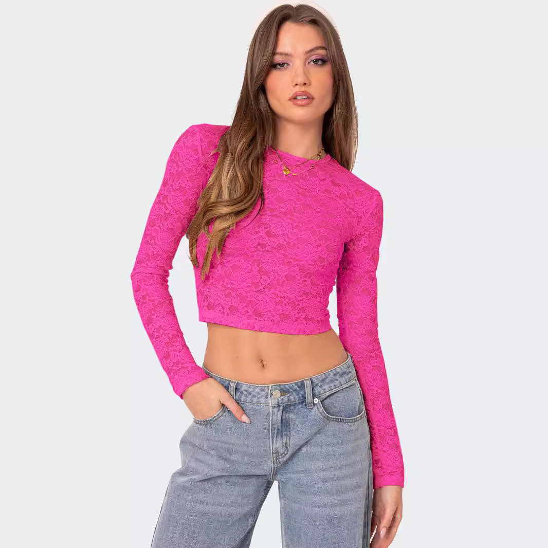 Women's Lace Fitted Long Sleeve Crop Top