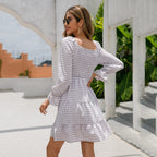 V-Neck Smocking Simple Plaid A-Line Solid Color Babydoll Dress
