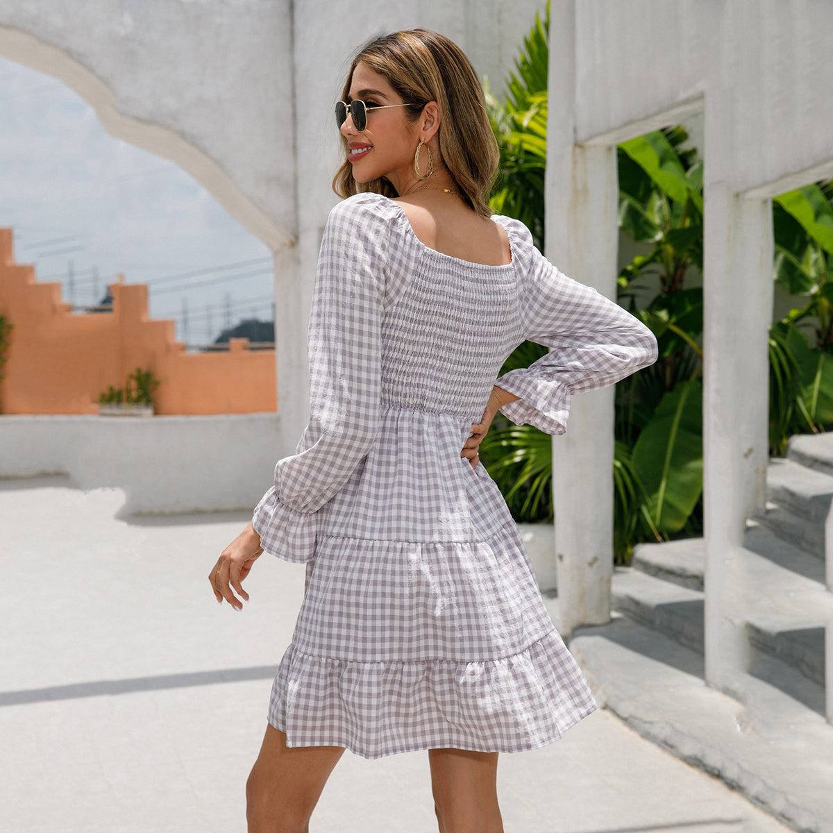 V-Neck Smocking Simple Plaid A-Line Solid Color Babydoll Dress
