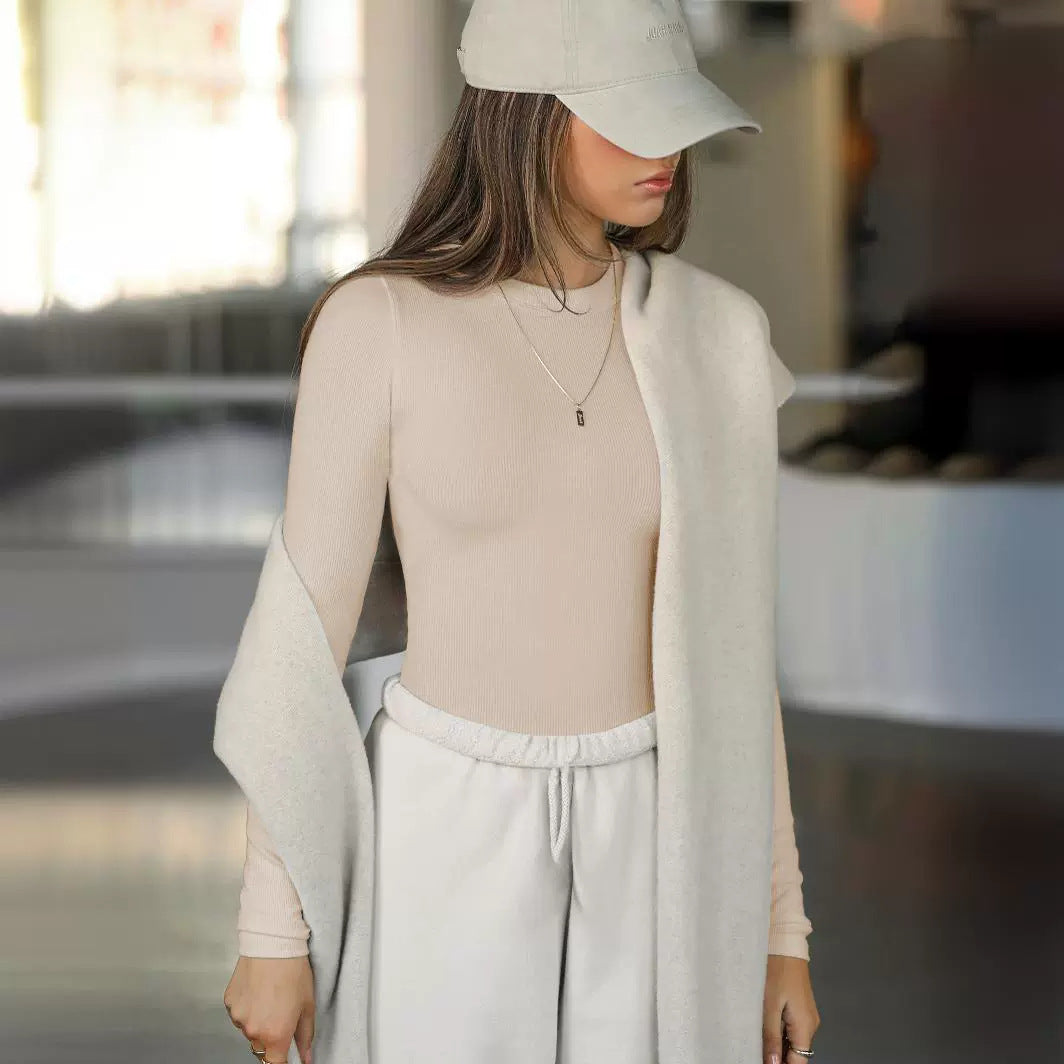 Women’s Apricot Ribbed Double Layer Long Sleeve Top