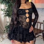 Women's Square-Neck Floral Lace Cutout Backless Mini Dress