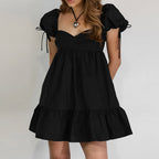 Black Cotton Puff-Sleeve Off-Shoulder Dress