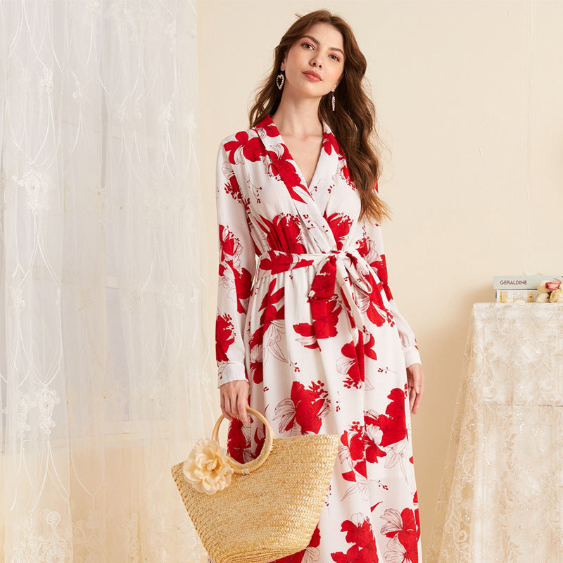 Women's V-Neck Floral Belted Long-Sleeve Maxi Dress