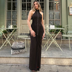 Women's 's Halter Button Ruched Maxi Party Dress
