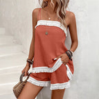 Women Clothing Beach Vacation Tassel Lace Splicing Sling Shorts Two Piece Sets