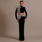 Women's Mock-Neck Rhinestone Crop Top & Maxi Skirt Two-Piece Set
