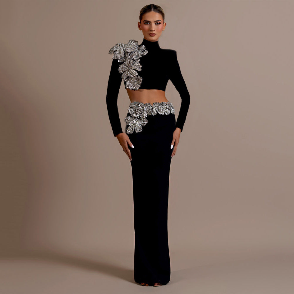 Women's Mock-Neck Rhinestone Crop Top & Maxi Skirt Two-Piece Set