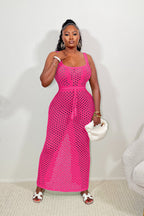 Rose-pink lace maxi dress with square neckline, tie waist, and sleeveless eyelet pattern