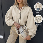 Casual Stand Collar Contrast Color Binding Lantern Sleeve