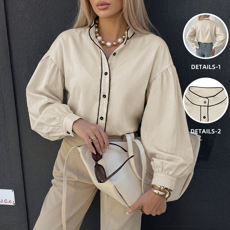 Casual Stand Collar Contrast Color Binding Lantern Sleeve
