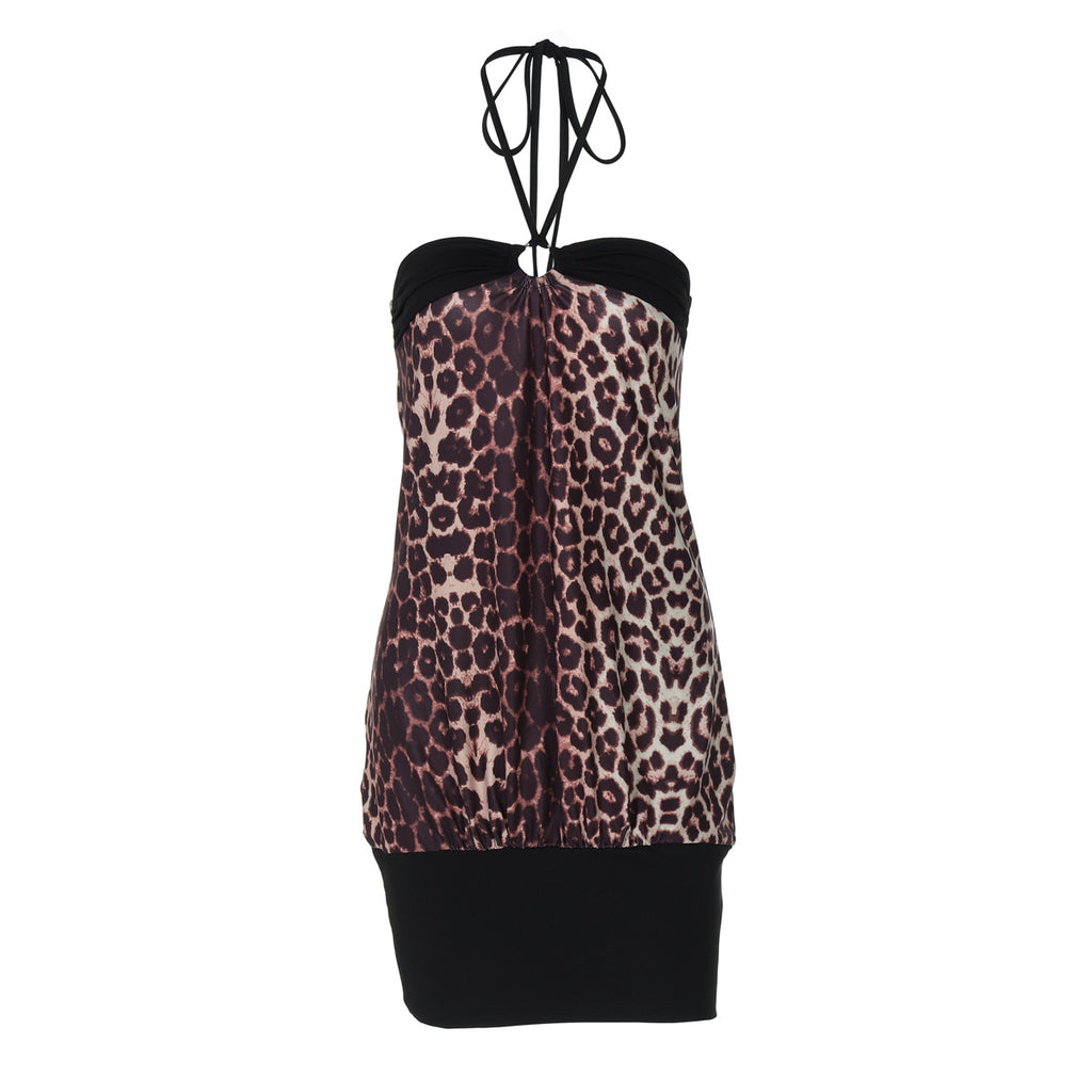 Lace Halter Leopard Splicing Short Dress