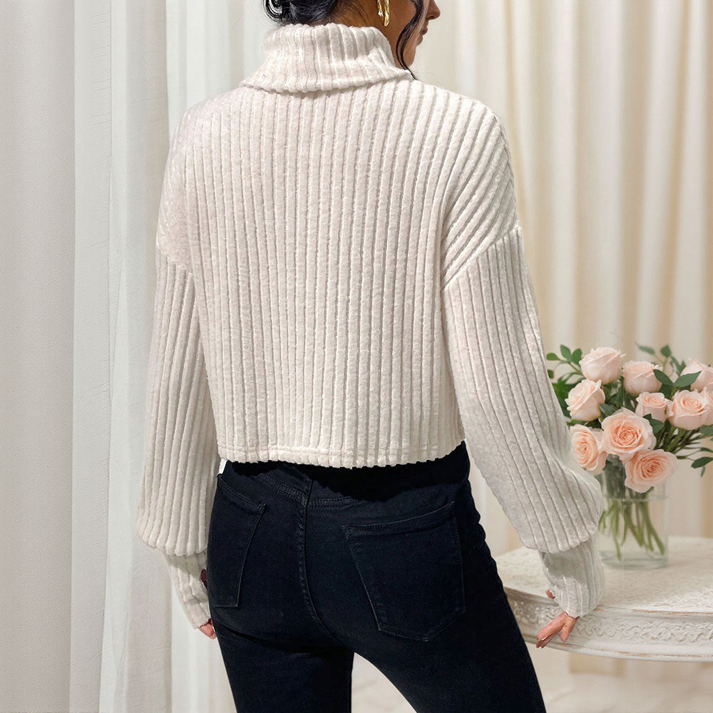 Women's Autumn Winter Solid Color Thread Knitted Pullover High Collar Short Section Bottoming Top
