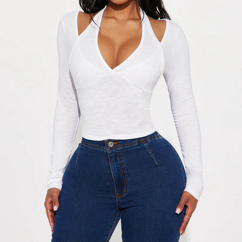 Women's V Neck Patchwork Faux Two Piece Fitted Long Sleeve T-Shirt