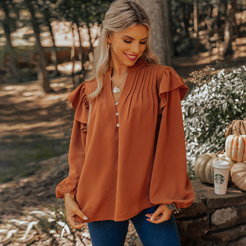 Women's Ruffle Button-Front Blouse – V-Neck Long-Sleeve Top