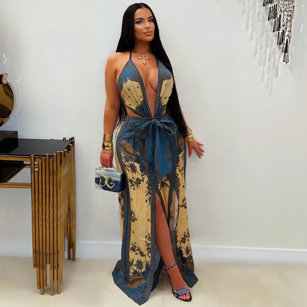 Women Retro Printed Deep V Plunge Waist Trimming Lace up