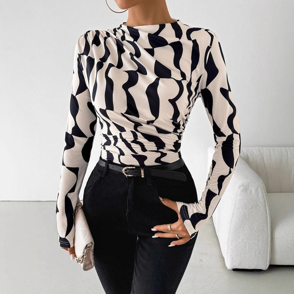 Pleated-Edge Printed Slim-Fit Top