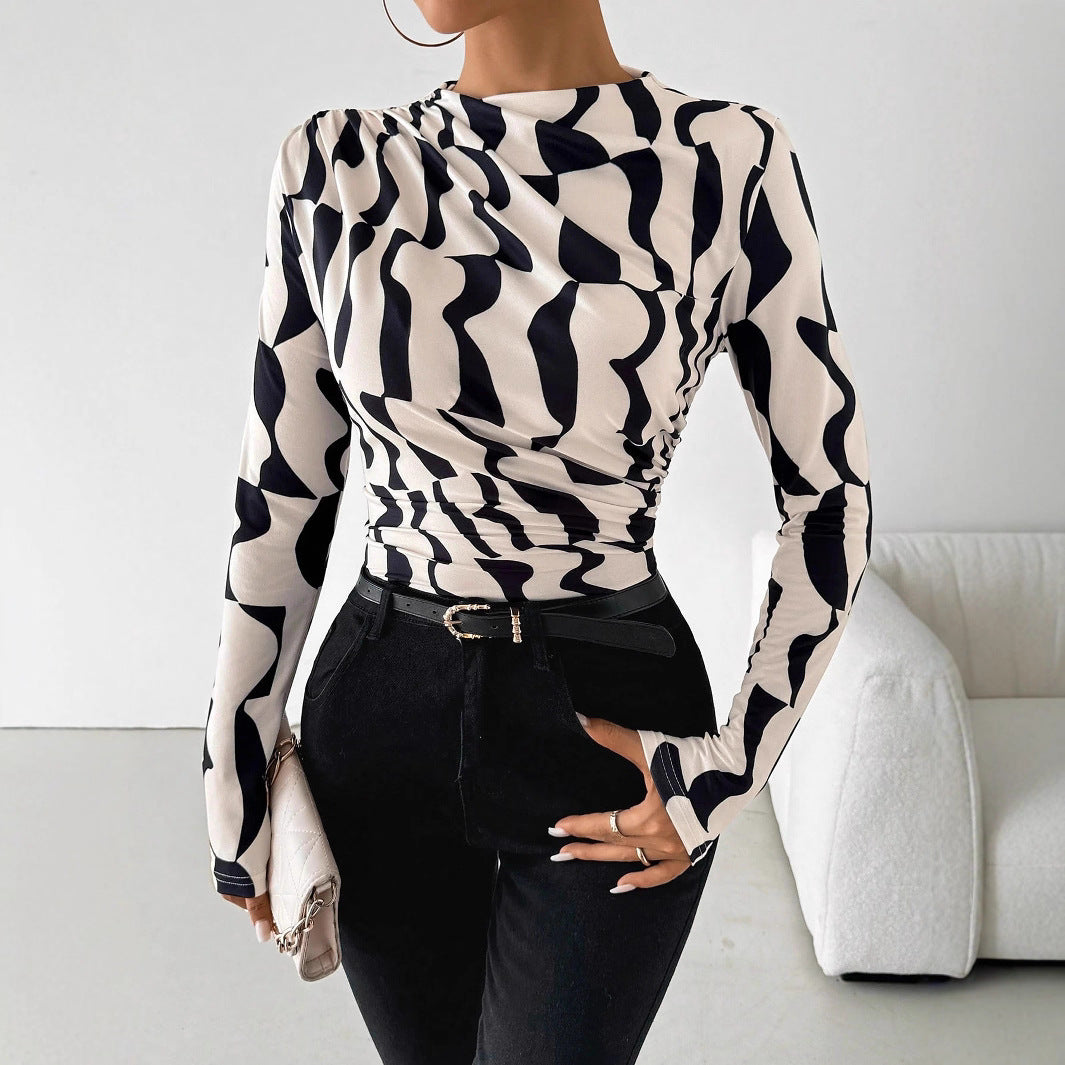 Pleated-Edge Printed Slim-Fit Top