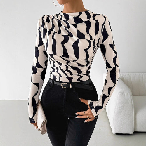 Autumn Winter Stand Collar Pleated Edge Printed Slim Fit Slimming Top Women