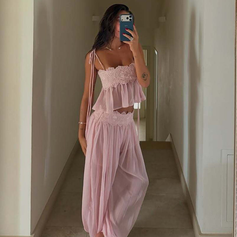 's Two Piece Set Bandeau Lace Small Sling See Through Long Ankle Banded Pants Two Piece Sets