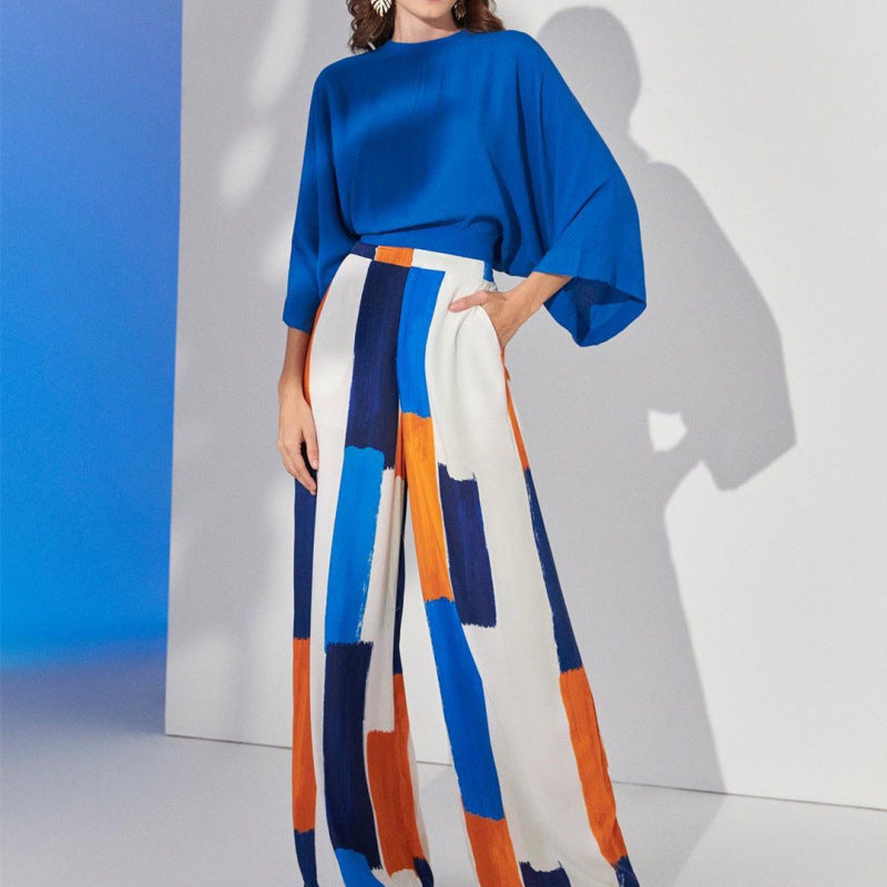 Women's Clothing Loose Office Blue Top High-Waisted Wide Leg Pants Sets