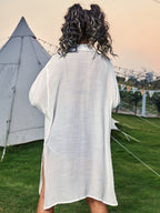 Cotton long one-piece swimwear in white, button-up collared long shirt dress