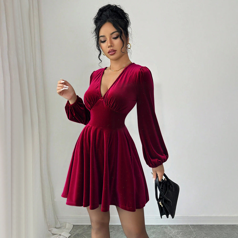 Women's Wine-Red Velvet A-Line Dress