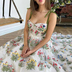 Women's Tight Waist Cross Sling Backless Embroidered Dress