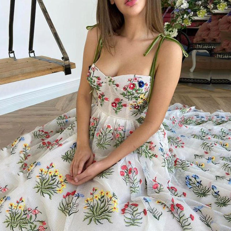 Women's Tight Waist Cross Sling Backless Embroidered Dress