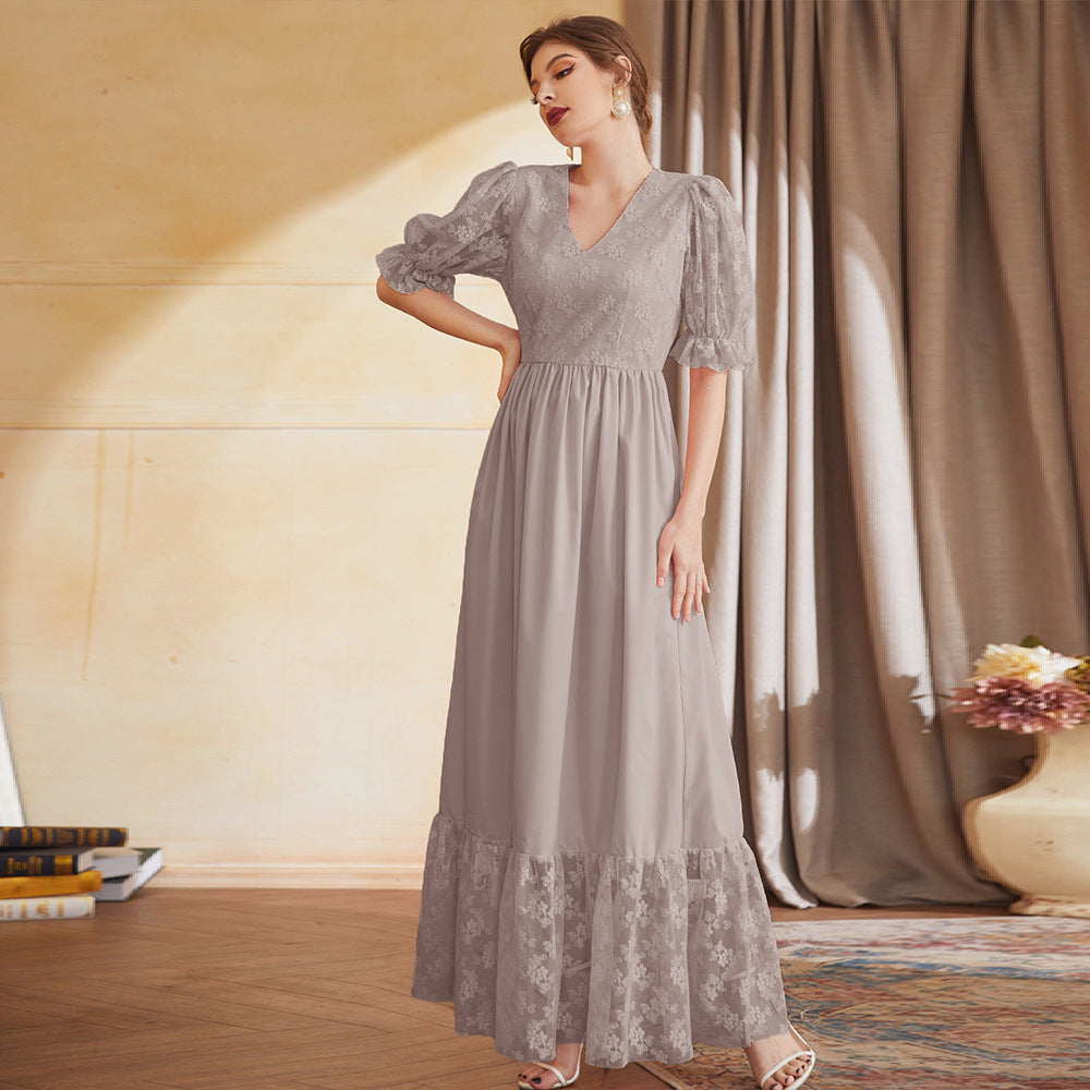 Women's Short Sleeve Dress Lantern Sleeve V Neck High Waist Embroidered Mesh Maxi Dress