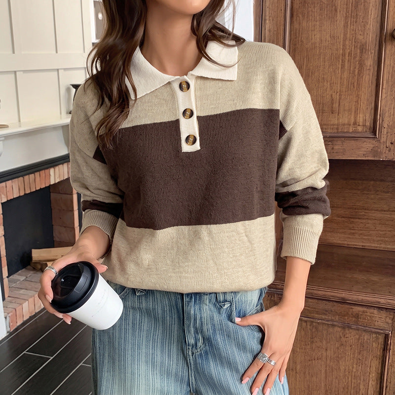 Casual Korean Maillard Contrast Color Striped Polo Collar