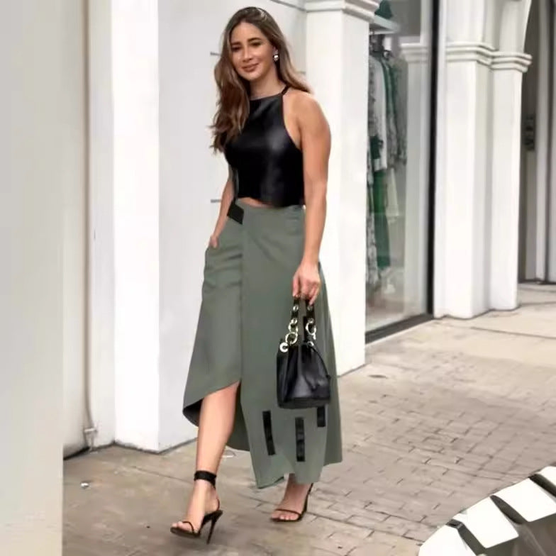 Women's Sleeveless Halter Short Irregular Top and Skirt Two-Piece Set