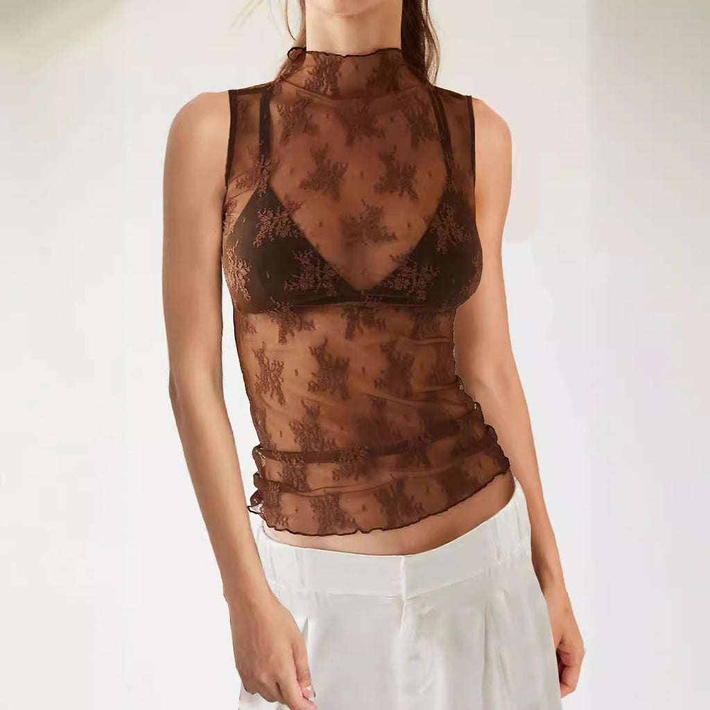 Sheer Lace Mesh Mock Neck Sleeveless Top