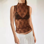 Sheer Lace Mesh Mock Neck Sleeveless Top