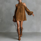 Retro Deep Khaki Off The Shoulder Dress Lantern Sleeve Turtleneck