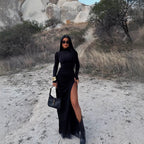 High-Neck Long-Sleeve Ruched Split Maxi Dress