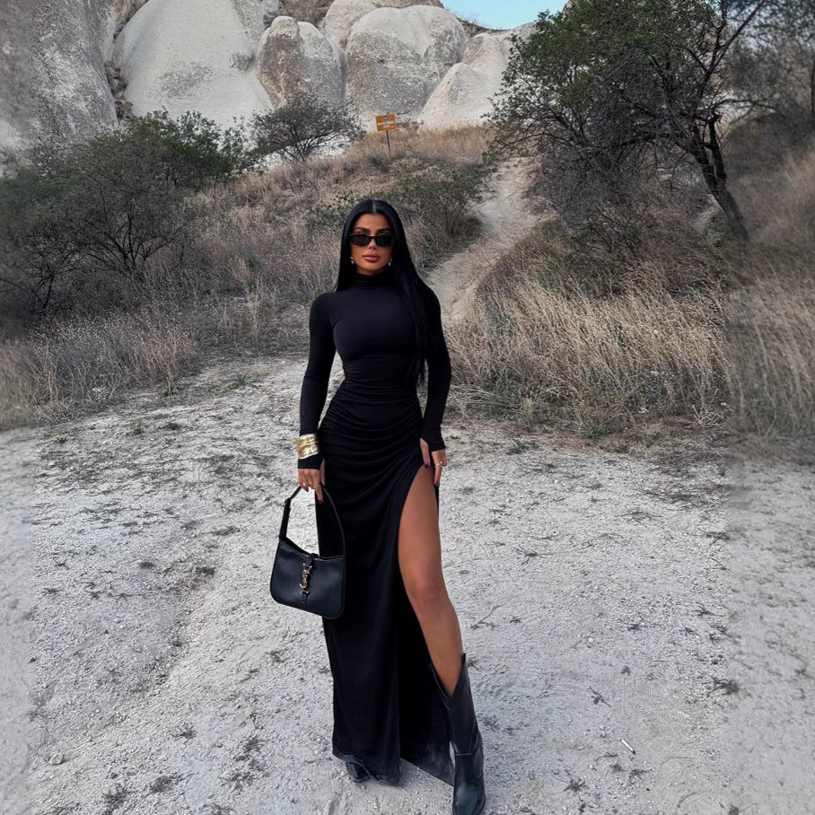 High-Neck Long-Sleeve Ruched Split Maxi Dress