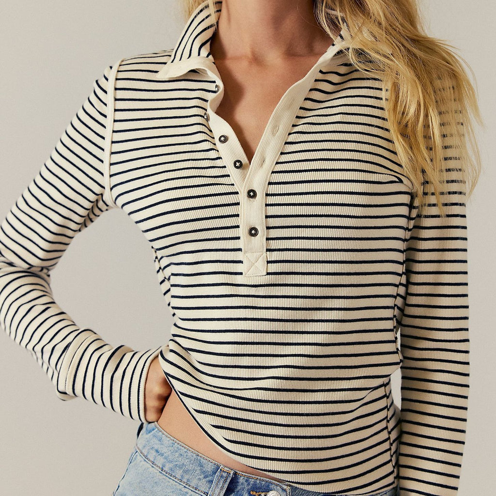 Retro Striped Knit Polo Top