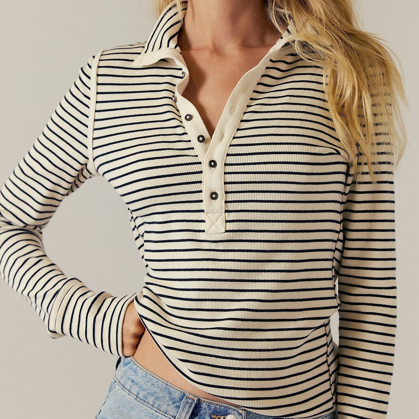 Retro Striped Knit Polo Top