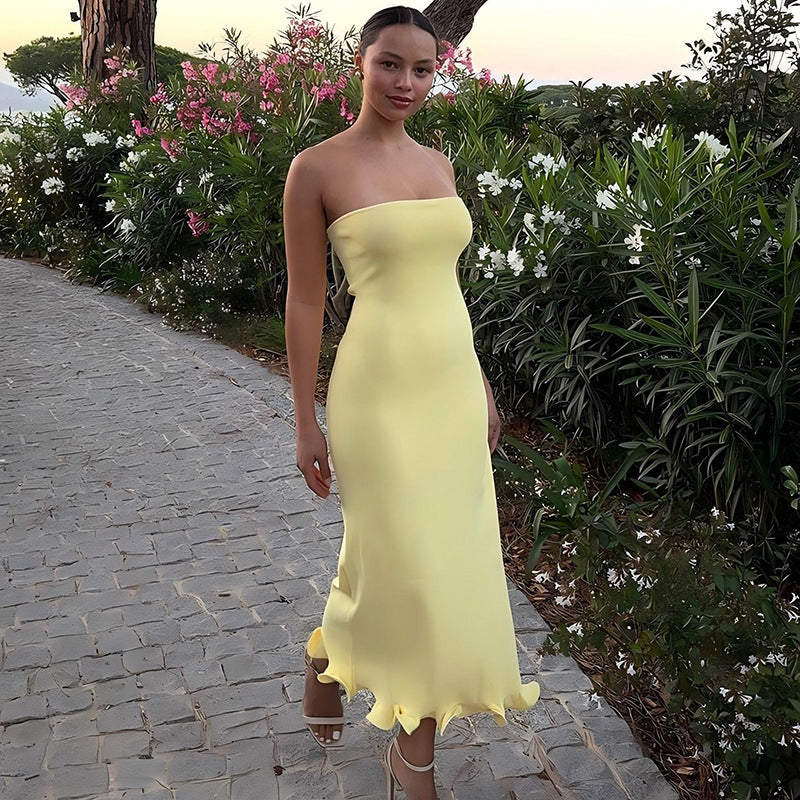 Women's Solid Color Sexy Tube Top Sleeveless Long Slim Fit Big Wave Dress Women