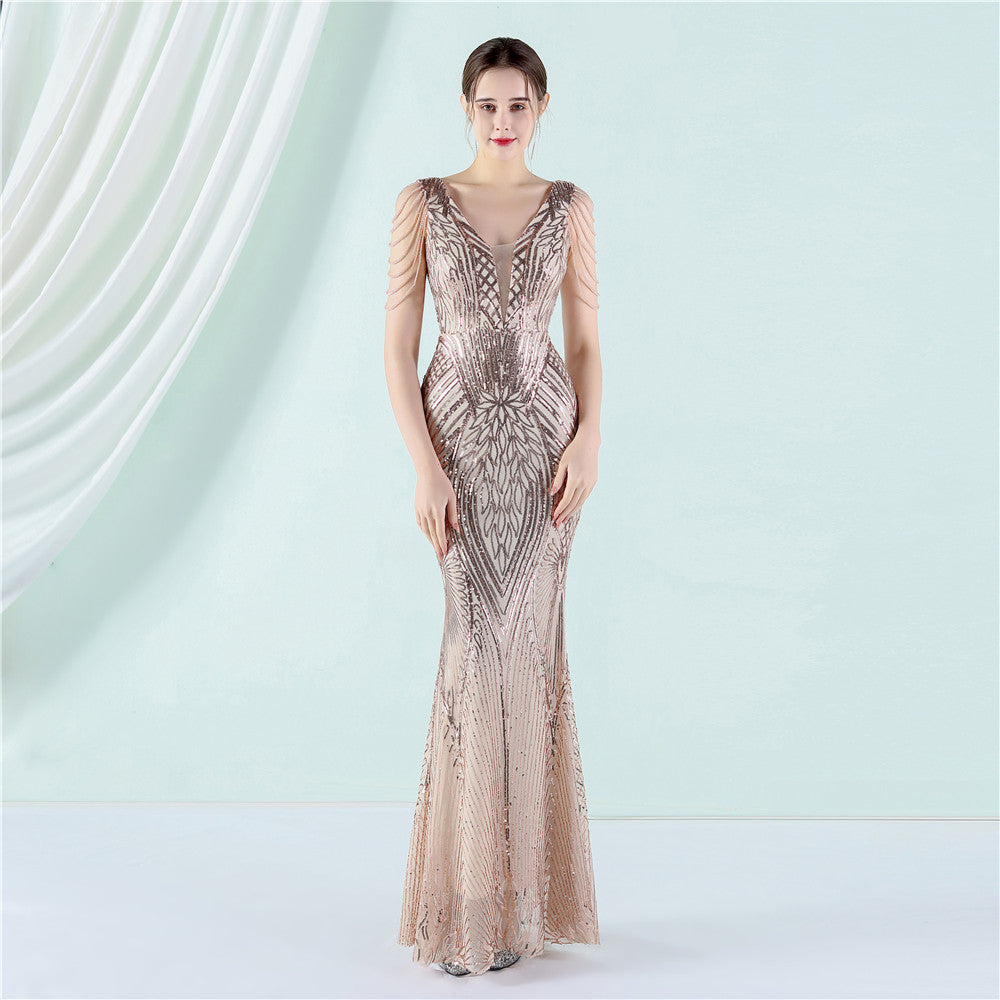 Women's Sequin Beaded Fishtail Evening Maxi Dress