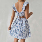Women's Spring Summer Sweet Slim Fit Design Bare Back Lace Up Flying Sleeve Floral Dress