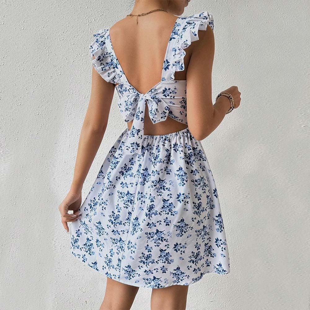 Women's Spring Summer Sweet Slim Fit Design Bare Back Lace Up Flying Sleeve Floral Dress