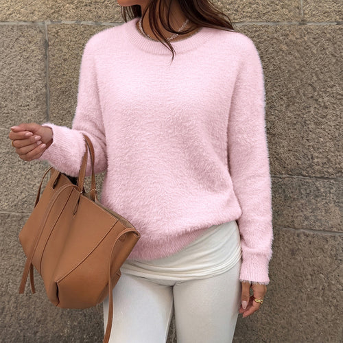 Pink fuzzy knit crewneck pullover top with long sleeves