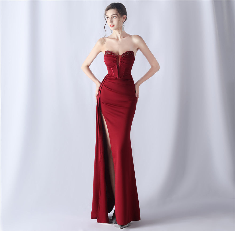 Women's Rhinestone Corset Satin Evening Dress
