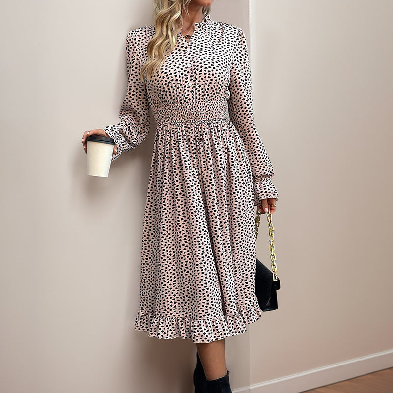 Leopard-Print Smocked Long-Sleeve Dress